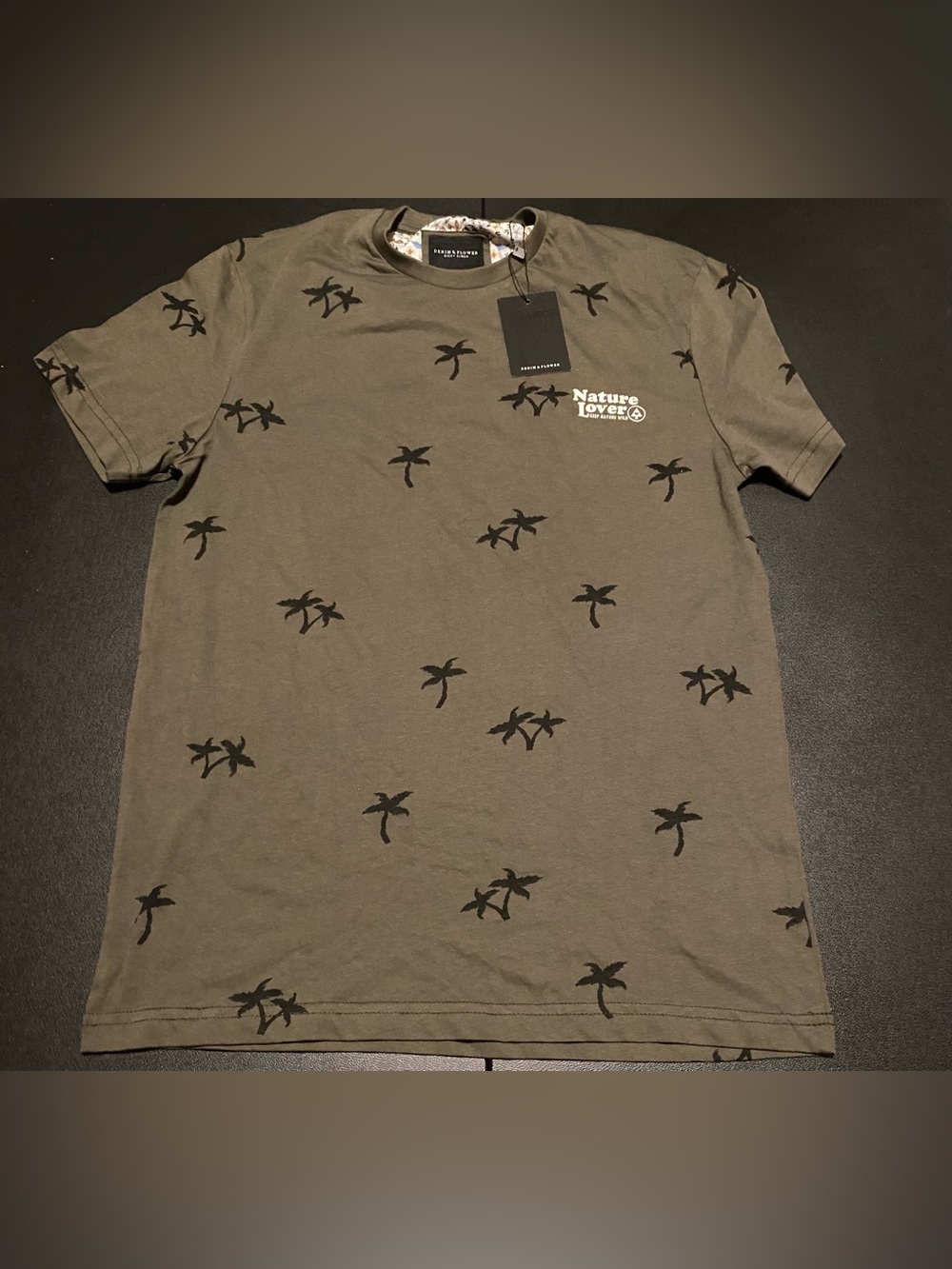 Denim & Flower Olive Short-Sleeve Tee with Black Palm Print